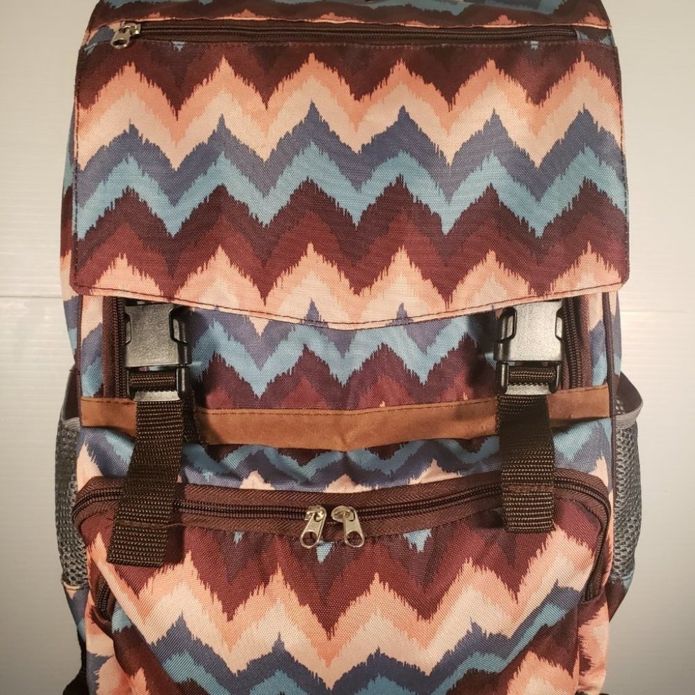 Backpack multicolor textured bag mesh to clips dual pocket system flap quality